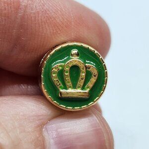 Royal Crown Green Acrylic Pin Enamel Gold Tone Trim Button Size Accent Cute